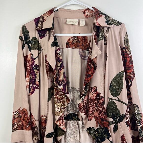 Romantic Pink Floral Ruffle Chico's Open Front Cinched Back Jacket Small Spring - Picture 2 of 12
